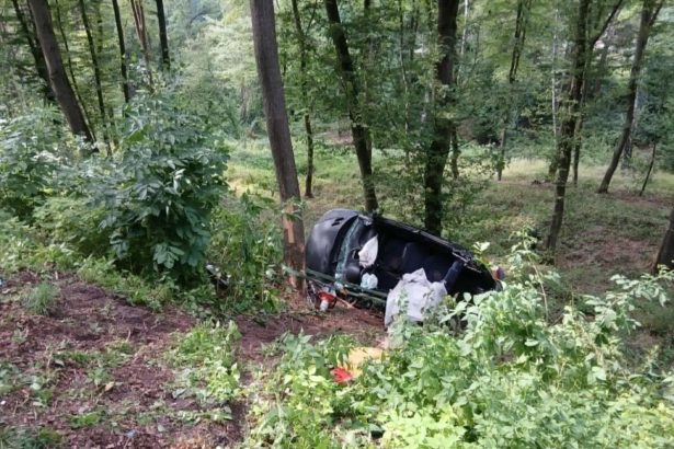 Auto zislo z cesty do lesa a havarovalo
